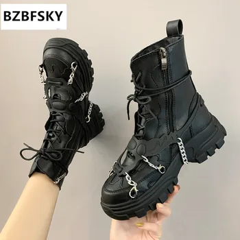 online Novo 2021 Das Mulheres De Couro Das Senhoras Tornozelo Botas Salto Médio Rendas Acima Do Trabalhador Do Exército Preto Goth Sapatos Outono Sexy Corrente Alta Qualidade