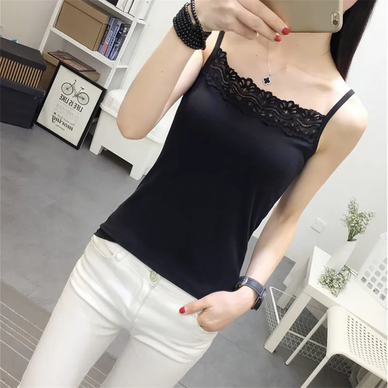 

New Women Tank Top Black Lace Vest Tops Female Basic Bottoming Tops Casual Sleeveless Strap Singlet Plus Size