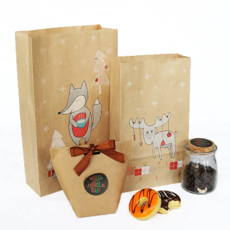 

24Pcs Christmas Gift Kraft Gift Bags Fox Elk Snowflake Bags Xmas Gifts Stickers Wrapping Candy Snack Paper Bag Gift X1