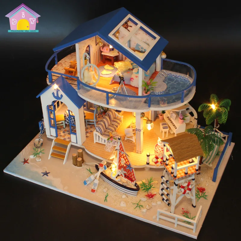 

Diy Cottage Model Villa Creative Handmade Children's Day Toys Aegean Blue Seaside Cottage Wooden Miniature Dollhouse Diy