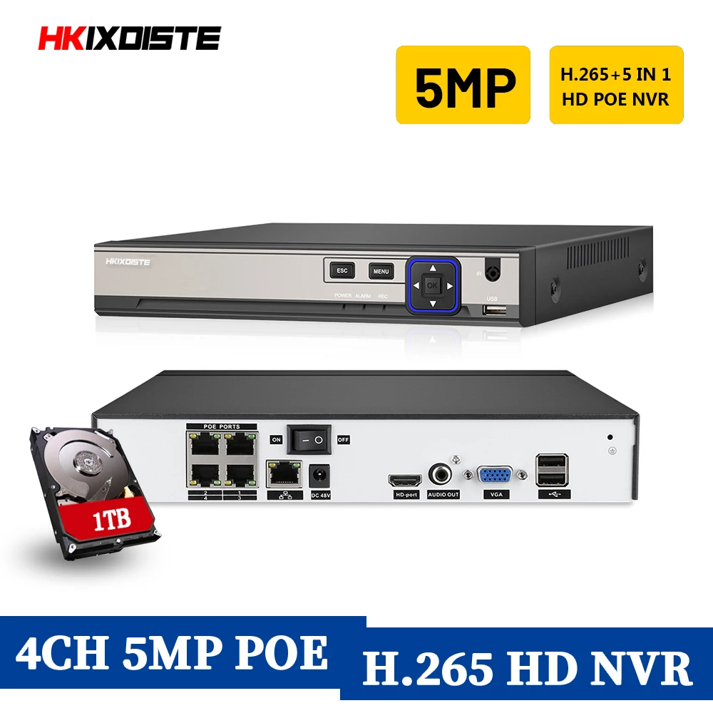4CH 4MP 5MP PoE NVR para cámara IP POE Sistema de Vigilancia H.265 48V 802.3af ONVIF CCTV NVR vmeye