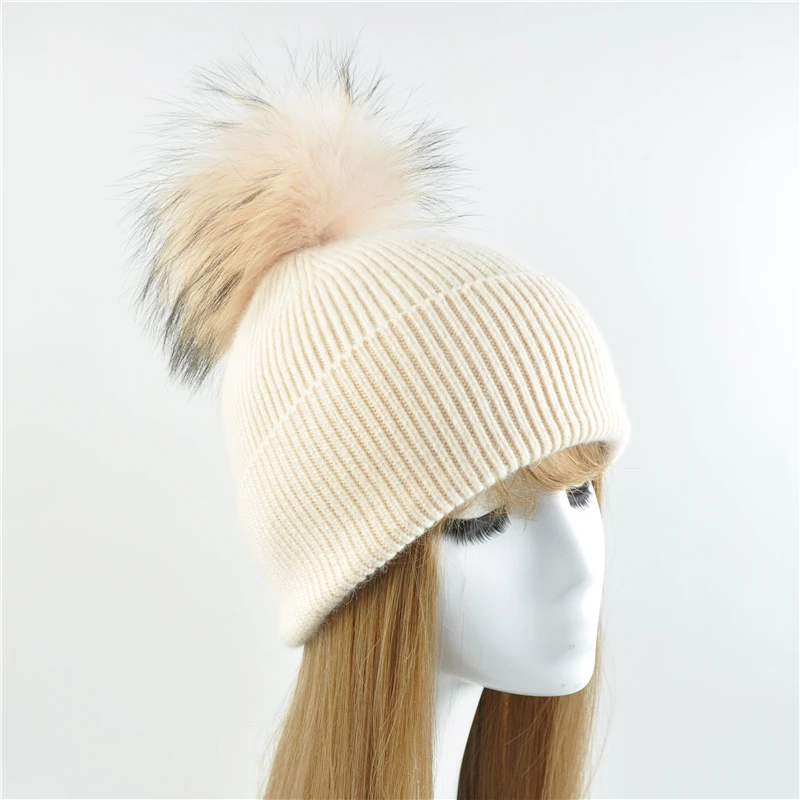 Новая женская шапка, зимняя вязаная шапка, шапка из Ангорского кроличьего меха, шапка для девочки, осенняя женская шапка с меховым помпоном, топы