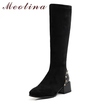 

Meotina Winter Knee High Boots Women Boots Rivets Chunky Heel Long Boots Slim Mixed Colors Round Toe Shoes Ladies Big Size 33-43