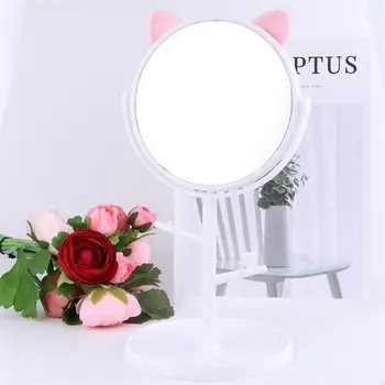 

1PC Tabletop Makeup Mirror Cat Ear Design Rotating Vanity Mirror Storage Tray Countertop Mirror (White)