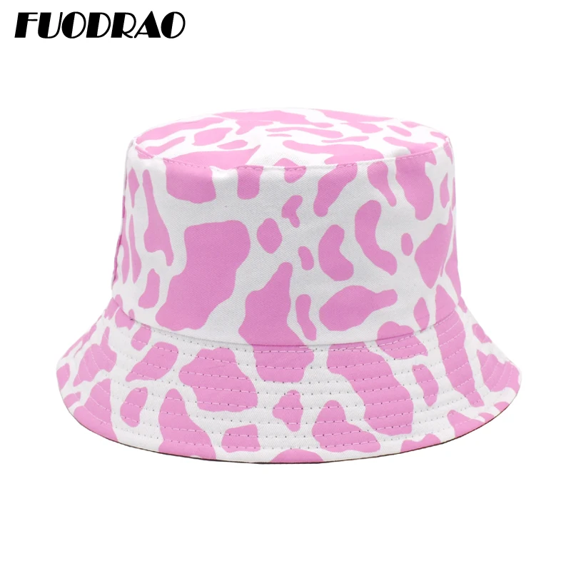 FUODRAO New Fashion Pink Panama Reversible Black White Cow Pattern Bucket Hats Fisherman Caps For Women Gorras Summer M111