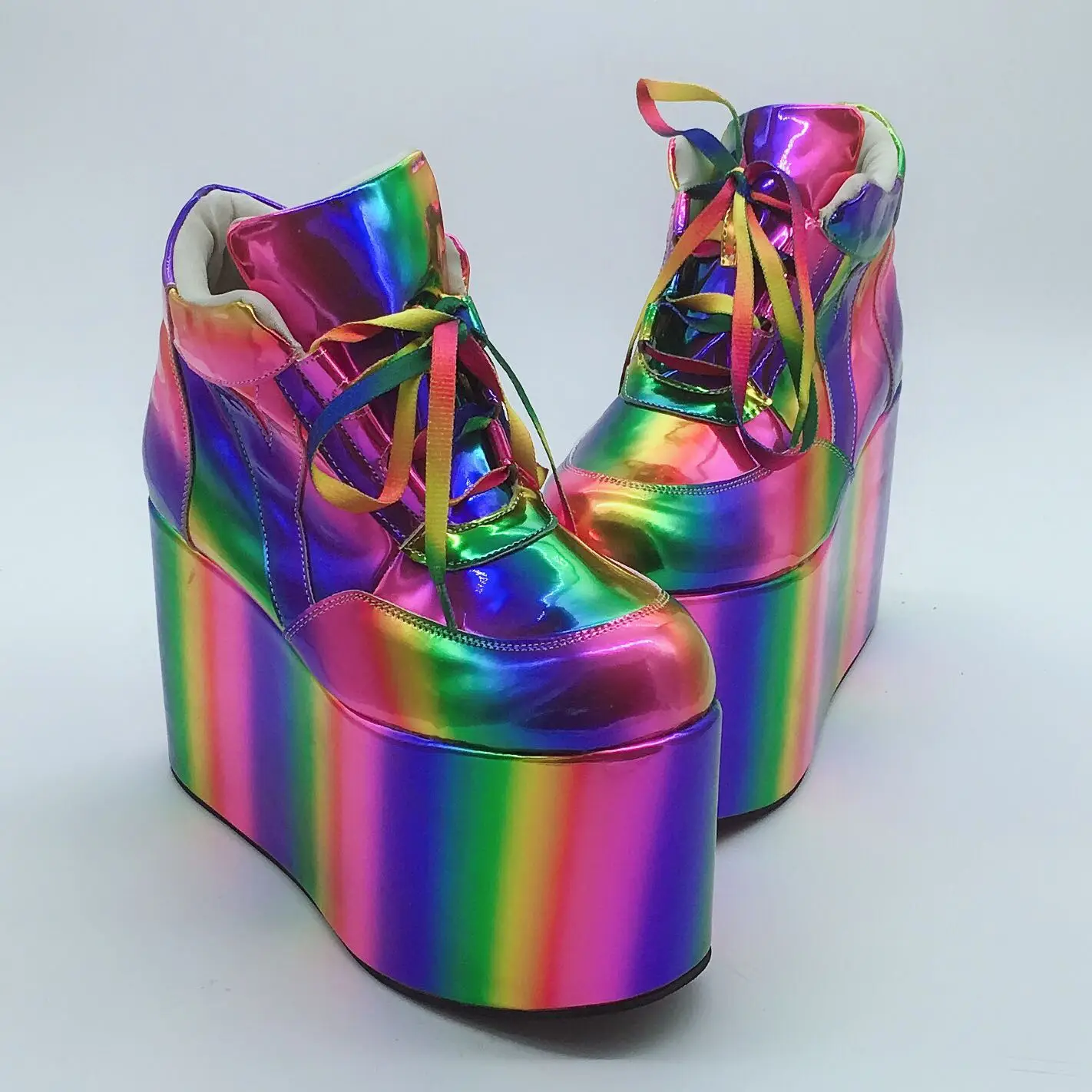 

Women Laser Rainbow Colors Platform Round Toe Ankle Boots Patent Leather Super Wedge High Heel Lace Up Knight Punk Shoes Plus Sz