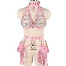 Бохо кисточкой розовый кожаный ремень Бюстгальтер Панк для женщин талии чулки подвязки пояса Топ Связывание размера плюс комплект нижнего белья Rave Festival