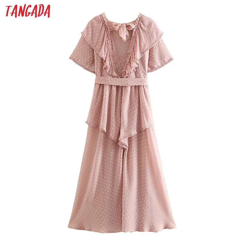 Tangada женское элегантное Сетчатое платье в розовый горошек с вышивкой, с бантом, с открытой спиной, с длинным рукавом, женское длинное пляжное платье, vestidos 3W76