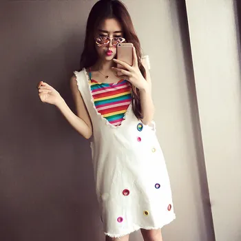 

Summer Women Loose Casual Denim Dress Rainbow Color Sleeveless Tops & White Overall Camisole Dress 2-Pieces 2020
