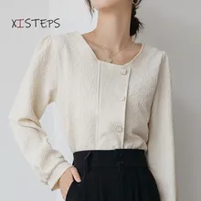 

Bubble Sleeve Women Blouses Black Beige Square Neck Shirts Button Female Casual Tops 2021 Spring Short Tops Ladies Clothings