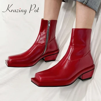 

krazing pot 2020 winter hot sale genuine leather square toe high heel concise red Chelsea boots daily wear zip ankle boots L57