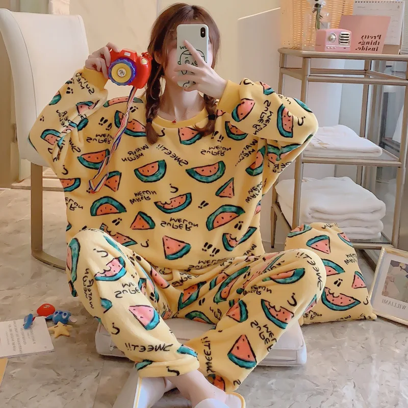 

Pajamas Women's Autumn And Winter Coral Velvet Sweet Cute Princess Thick plus Velvet Flannel Homewear Set Send Storage Bag