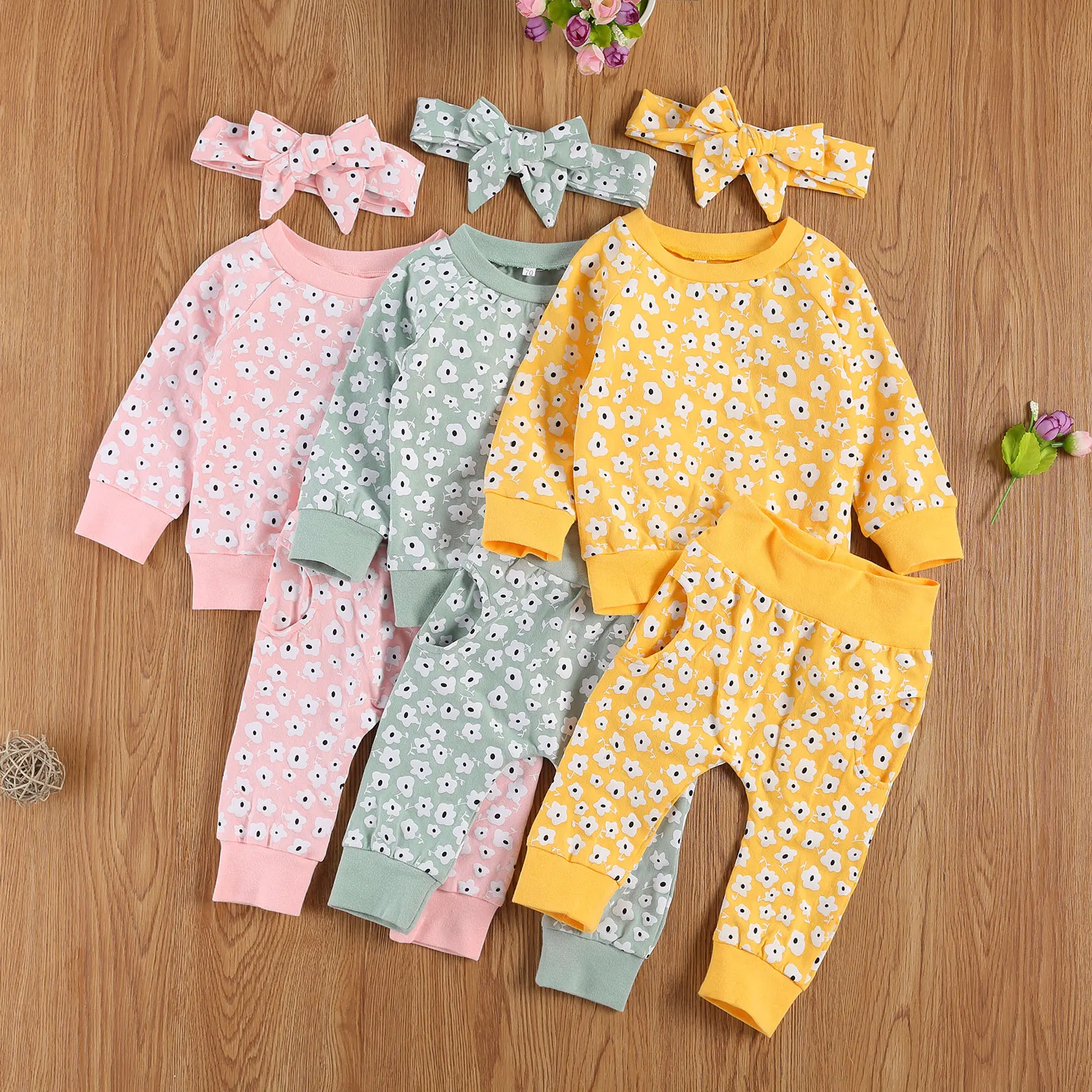 

0-24M Girls Autumn Casual 3Pcs Suit Clothes Infant Baby Toddler Kid Long Sleeve Daisy Print Shirt + Pants With Pocket + Headband