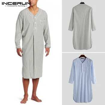 

Men Fashion Striped Sleep Robes Long Sleeve V Neck Buttons Nightclothes Man Casual Pockets Breathable Pajama Bathrobes Plus Size