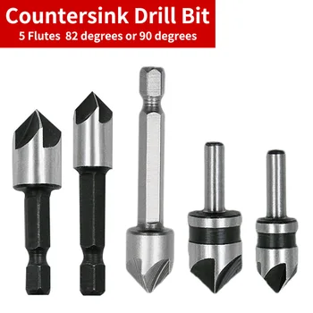 

5pcs 82/90 Degree Point Angle Chamfer Chamfering Cutter 5 Flute Counter Sink Drill Bit Round/Hex Shank HSS For Woodworking