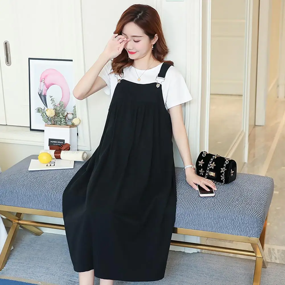 2Pcs/Set Maturity Dress Set Suspender Skirt and Short Sleeve T-shirt Set for Pregnant Woman