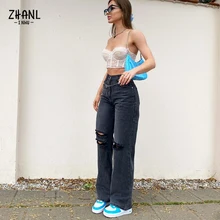 

Summer Korean Y2k Streetwear Fashion Straight Jeans Black Vintage Ripped Hole Jeans Women Baggy Cut Out High Waist Denim Pants
