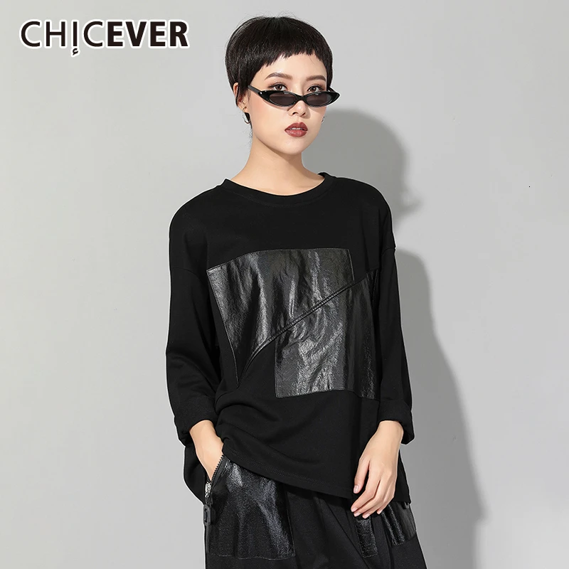 CHICEVER/Корейская Лоскутная Женская футболка с круглым вырезом и длинными рукавами; большие размеры; Свободные повседневные футболки женские; осень ; модная новинка