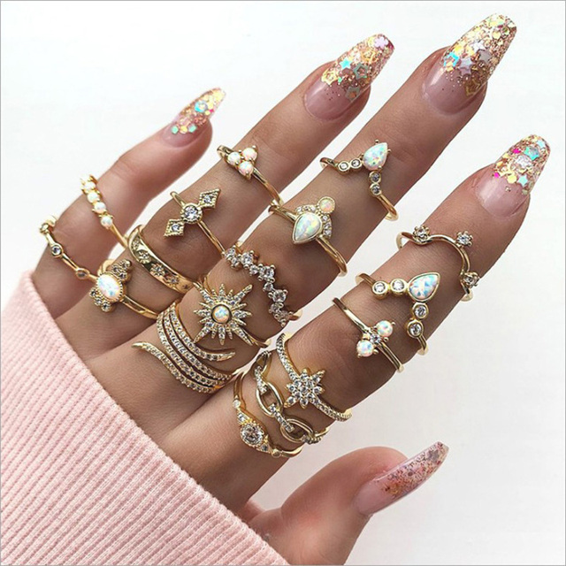 Crystal Geometry Knuckle Finger Ring Set For Women Eye Flower Leaves Charm Chain Rings Female Bohemia Jewelry
