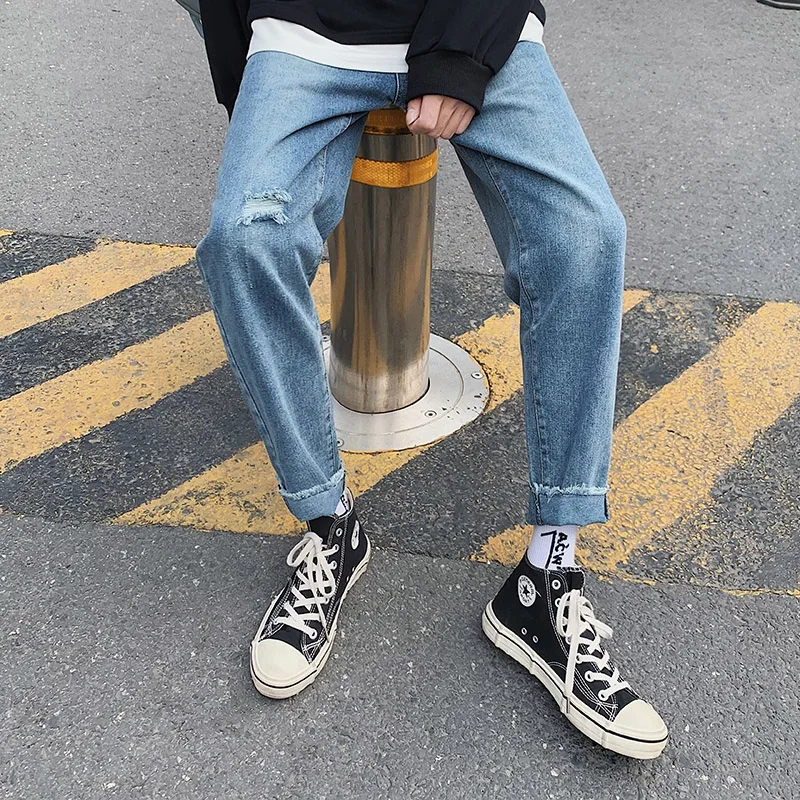 Promotion Men's Spring Autumn Jeans Skinny Slim Fit Distressed  Hip hop Ankle pants Cotton trousers Black blue Solid color Young student