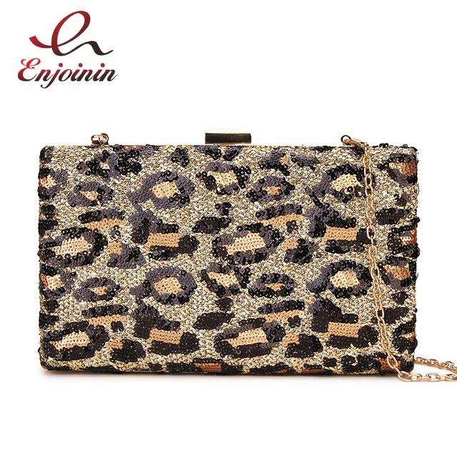 Lady leopard Clutch purse wallet Women shiny sequins Beaded Shoulder Bag  small Handbags vintage Wedding Party evening bags B455