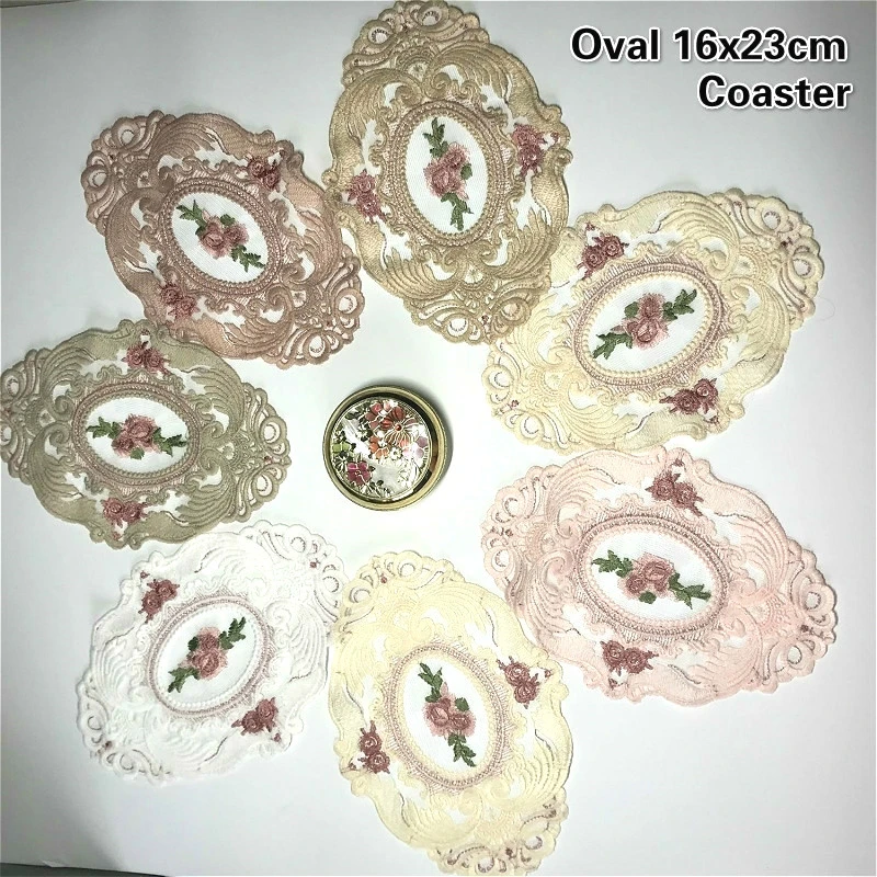 Oval European Lace Embroidered Classical Coffee Table Mat Coaster Vase