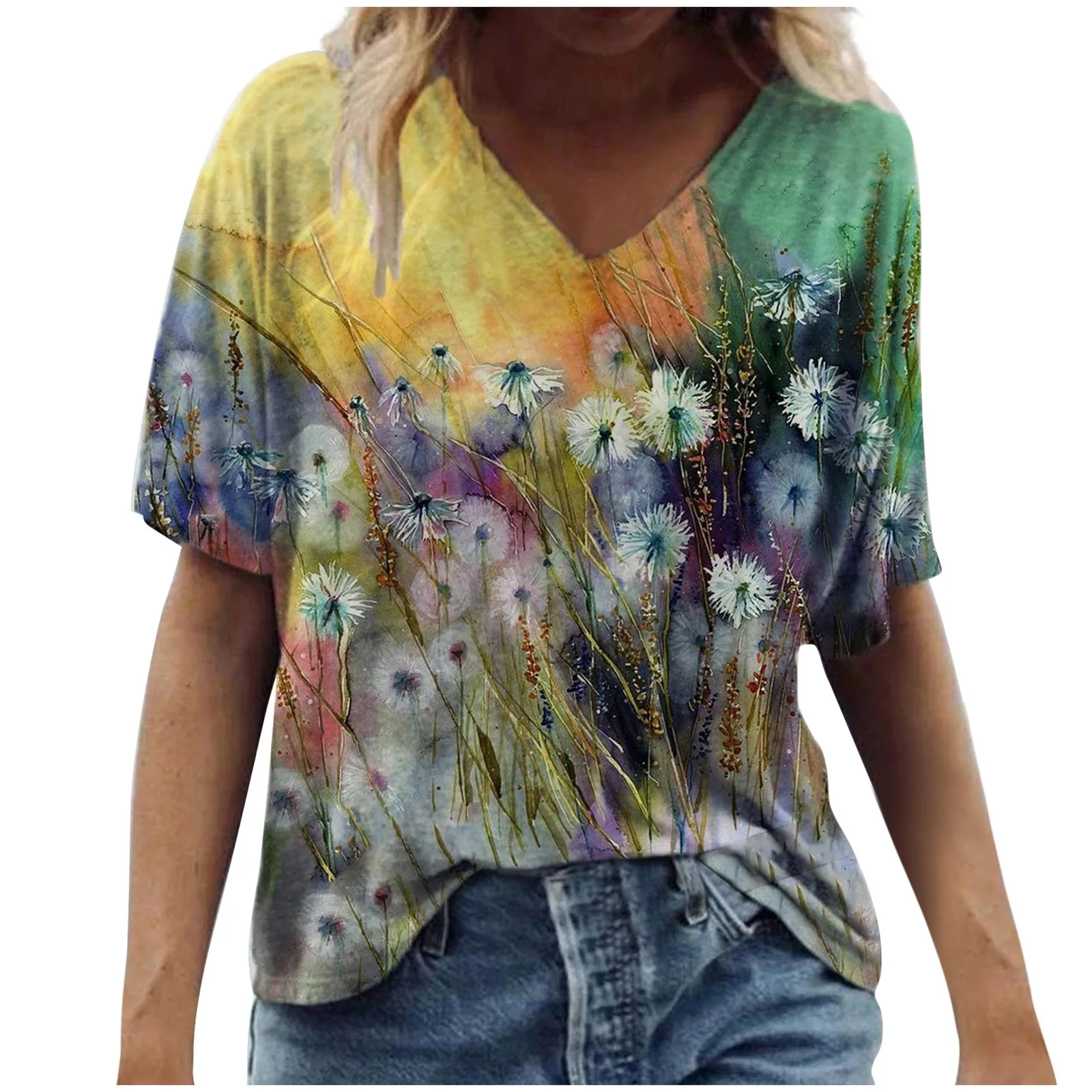 Vintage Woman Tshirts Women Summer Flower Printed Short Sleeve V-Neck T-Shirt Casual Tee Tops Graphic T Shirt