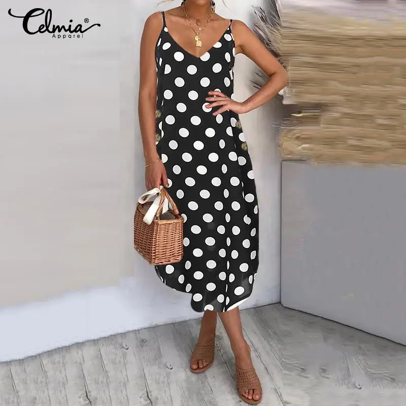2020 Celmia Plus Size Women Summer Beach Sundress Sexy Spaghetti Straps Polka Dot Dress Casual Button Asymmetric Midi Vestidos 7