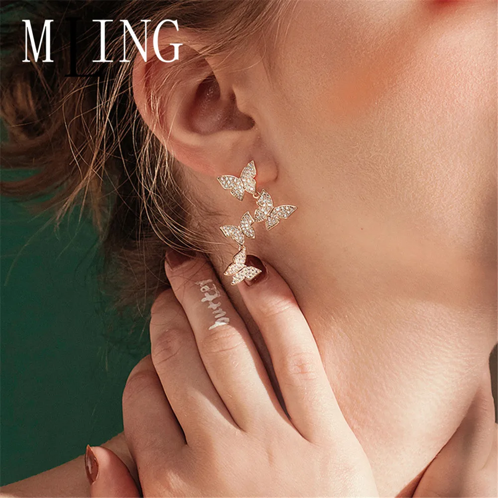 Винтажные серьги-гвоздики MLING из золотого сплава модные с хрустальными бабочками