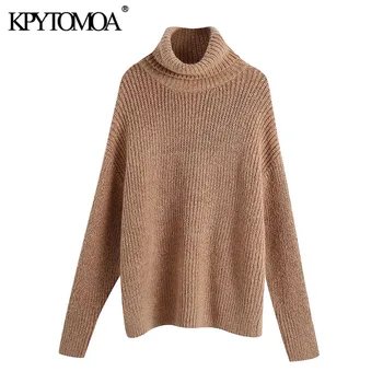 

KPYTOMOA Women 2020 Fashion Thick Warm Loose Knitted Sweater Vintage High Neck Long Sleeve Side Vents Female Pullovers Chic Tops
