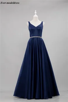 

Elegant Navy Blue Evening Dresses V-Neck Beaded Sash A-Line Zipper Back Floor Length Arabic Prom Gowns Cheap Vestido De Fiesta