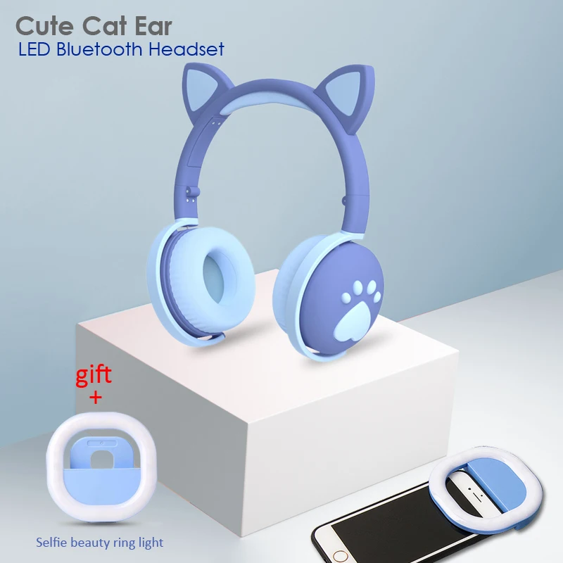Cute Cat Ear Paw Headset Selfie Ring Light Glowing Wireless Bluetooth 5 0 Headphones Daughters Girls Gift Earphone with Mic