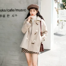 Зимнее женское пальто, Осеннее, винтажное, с роговой пряжкой, шерстяное пальто для женщин, новинка, корейское, одноцветное, студенческое, повседневное, короткое, шерстяное пальто