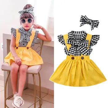 

0-3Y Toddler Kids Baby Girl Clothes Sets Plaid Bow Ruffles Sleeve T-Shirts Tops+Yellow Bib Strap Dress+Headband 3pcs