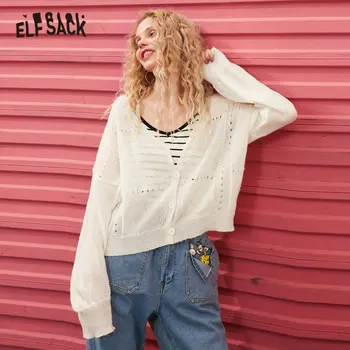 

ELFSACK White Solid Cut Out Single Button Cardigan Women Sweaters 2020 Spring Green Mohair Long Sleeve Korean Ladies Basic Top