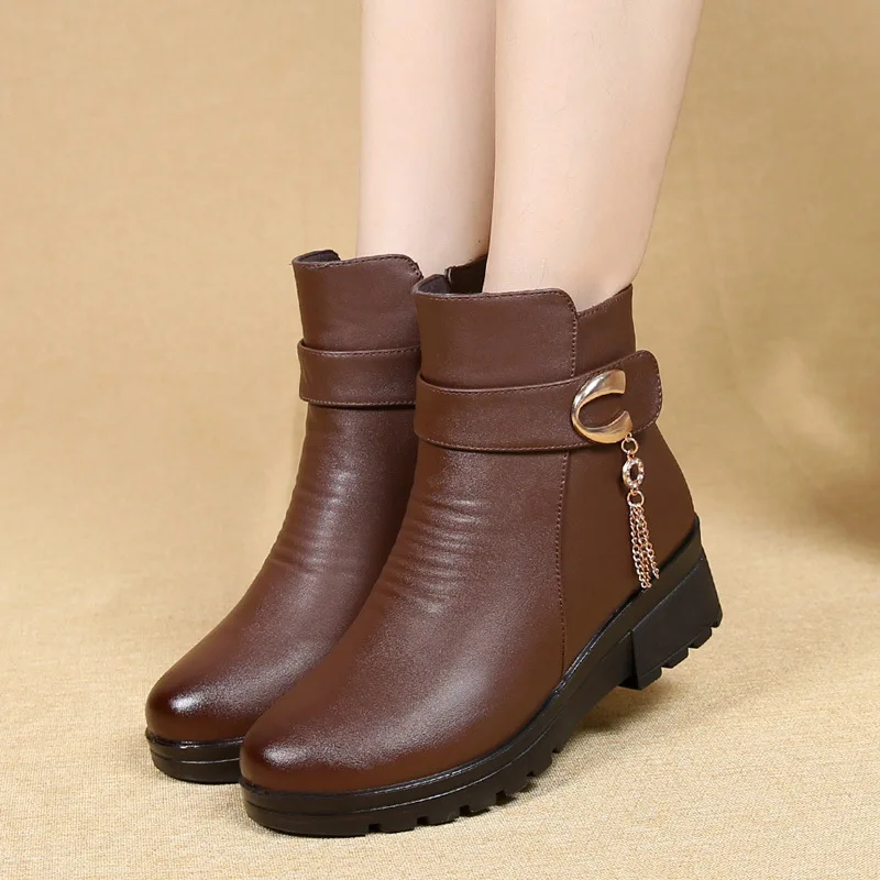 Zapatos de invierno para mujer, botas de piel auténtica con tacón de cuña, antideslizantes, talla grande, cálidas