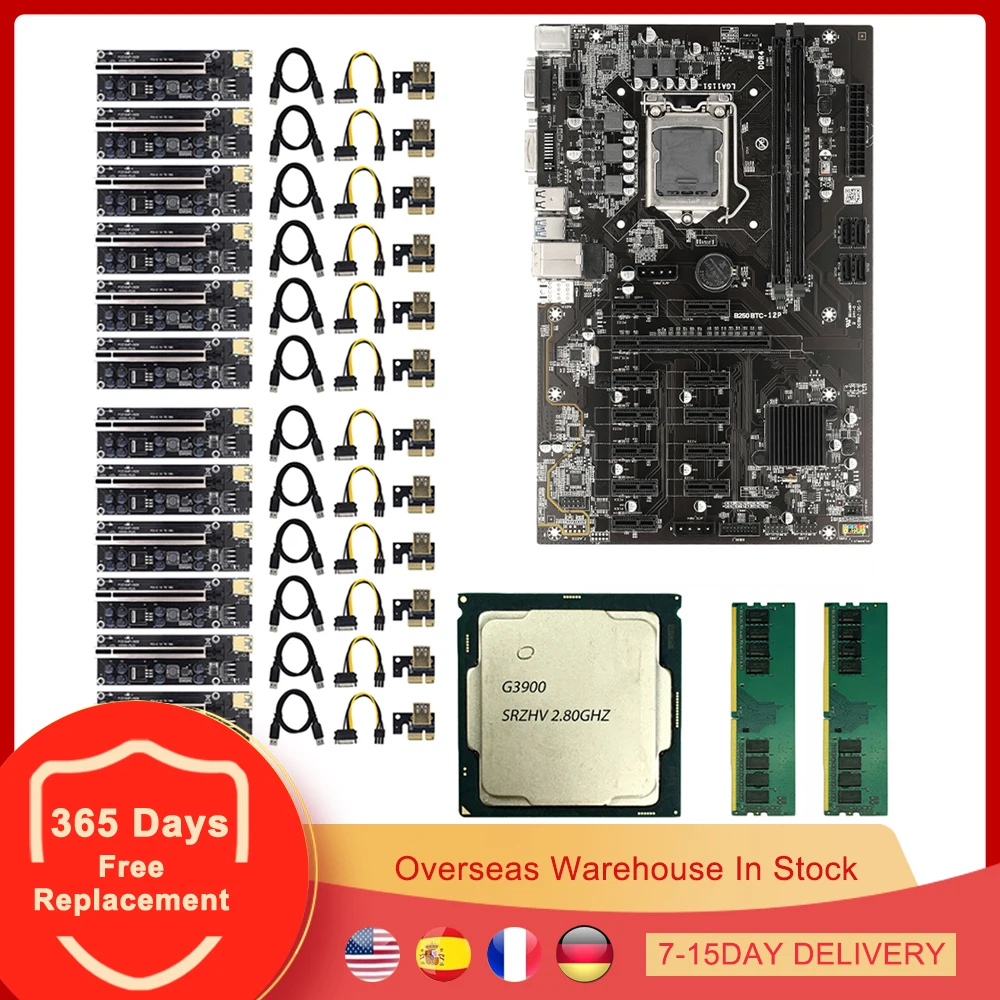 B250 BTC Mining Motherboard Set Combo Kit PCIE X1 PCI-E X16 LGA 1151 16G DDR4 G3900 CPU 009S Riser Card Bitcoin ETH Miner | Компьютеры и