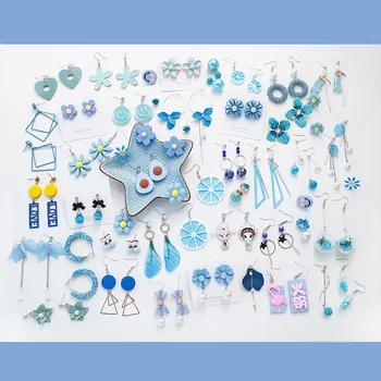 

50 Styles Blue Series New Korean Women Earrings Flower Geometric Pearl Rhinestone Drop Earring Female Studs Earring DIY Jewelry