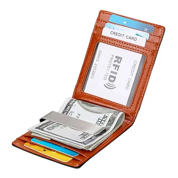 

New Money Clip Wallet Slim Genuine Leather with Metal Money Holder Wallet Men Thin Billfold RFID Card Wallets Male Small Purse