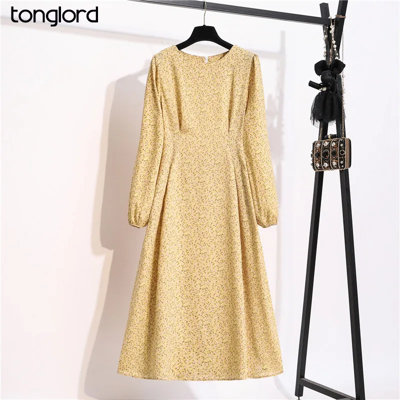 Tonglord 2020 New Floral Printed Chiffon Dress Women Autumn Spring Long-sleeved O-Neck High Waist Long Dresses Female Vestidos