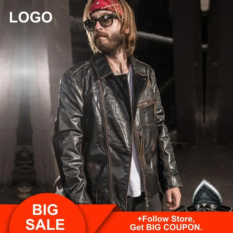 

2020 Vintage Brown Men American Motorcycle Leather Jacket Plus Size 6XL Genuine Thick Cowhide Winter Slim Fit Biker's Coat