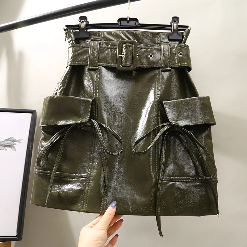 army green DEAT осень зима из искусственной кожи Высокая талия облегающая короткая мини-юбка с поясом Женская 19J-a46 - Цвет: army green