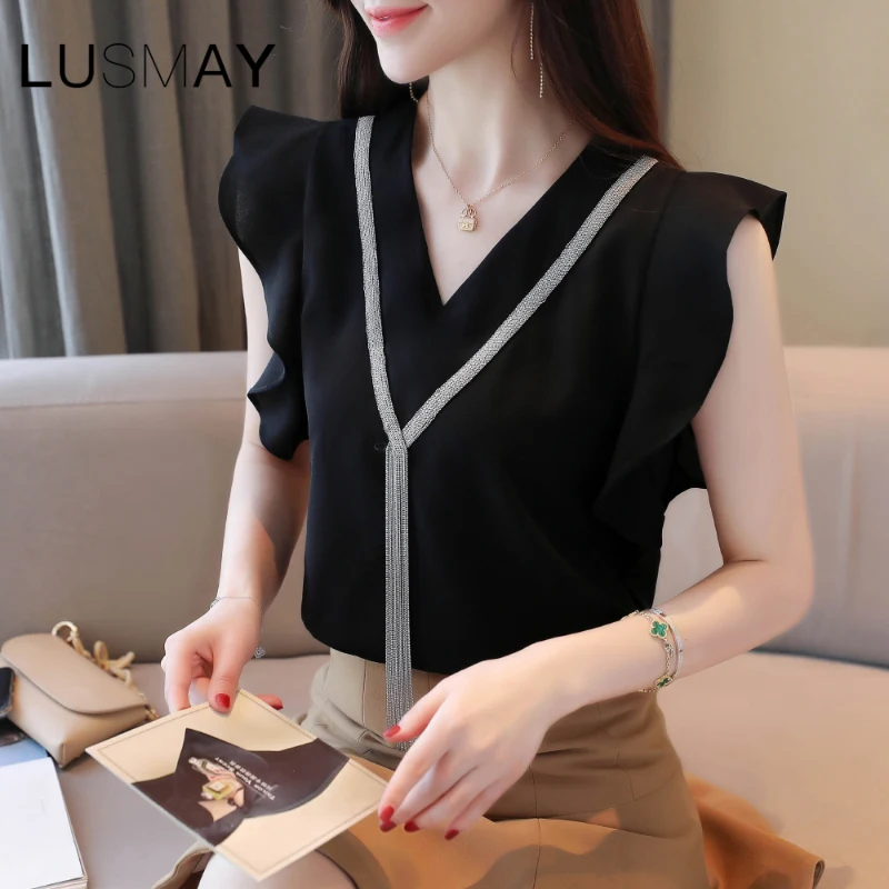 Женская модная офисная рубашка с оборками на рукавах Корейская летняя шифоновая