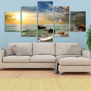 

HD Print Painting Canvas Kids Room Decor Frame 5 pieces Blue Sky And White Clouds sunset Seascape Seagull Poster Modular Picture