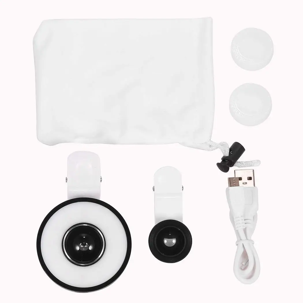 6 In 1 Clip On LED Light Fisheye Smartphones, Tablet PC 300pcs Wide Angle Macro Lens Kit For Smartphones