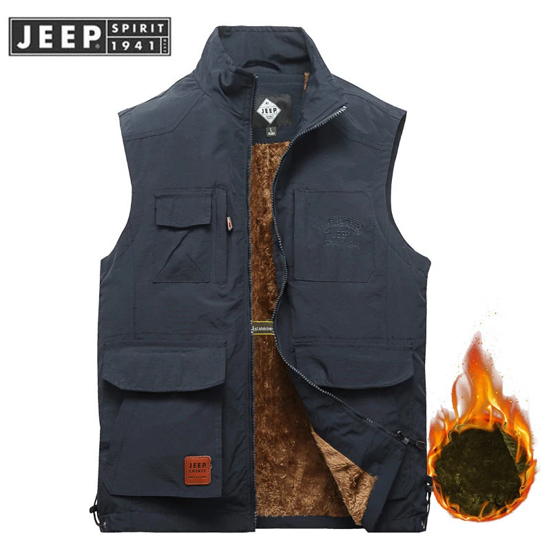 Бренд JEEP SPIRIT, осенне-зимний жилет для мужчин, Повседневный, флис, шерсть, подкладка, ветровка, теплый жилет для мужчин с множеством карманов, плюс M-6XL - Цвет: Dark Blue