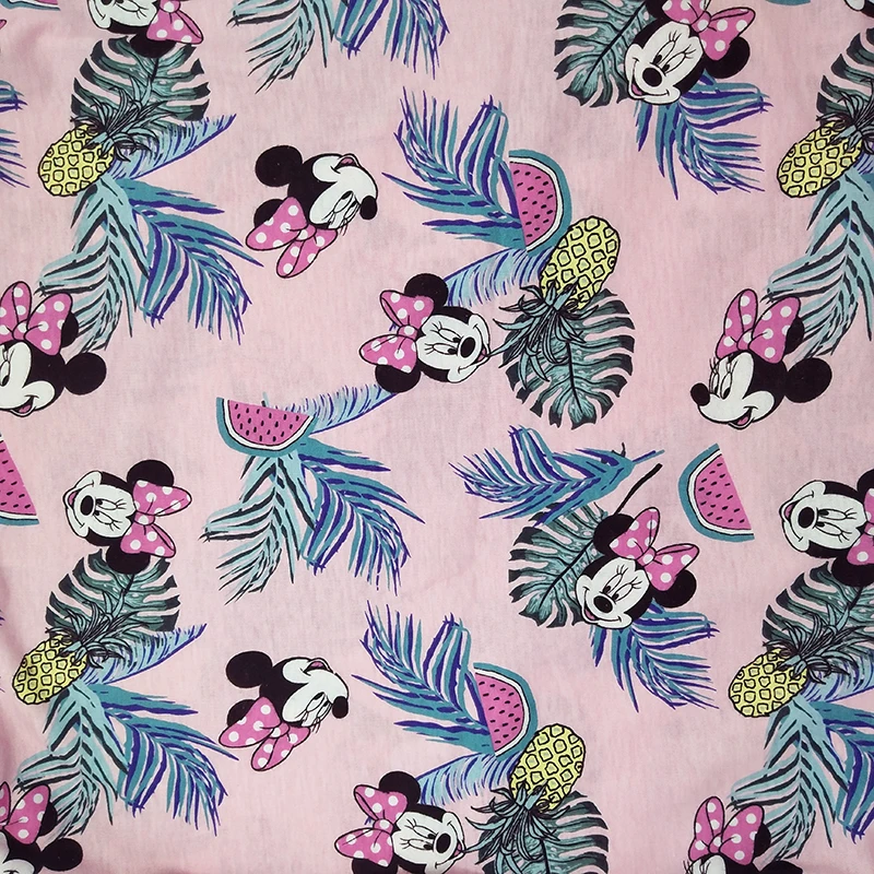 Хорошая Розовая Трикотажная вязанная хлопковая ткань, эластичная мультяшная Минни и ананас с принтом хлопчатобумажная одежда для детей/футболка