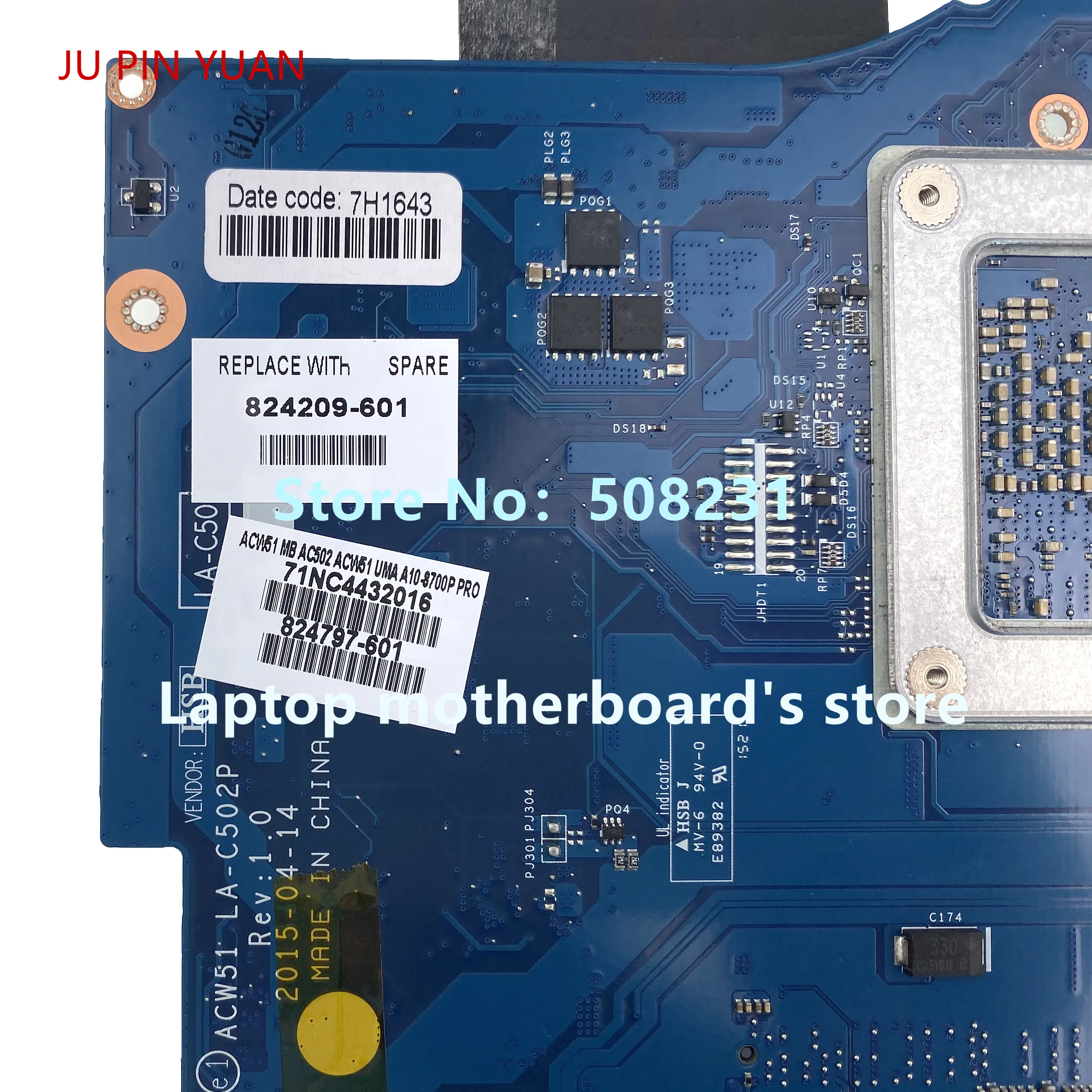 Great Value  JU PIN YUAN 824209-001 824209-501 824209-601 For HP ENVY 15-AH Laptop Motherboard ACW51 LA-C502P W/