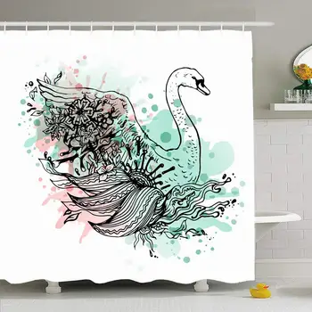 

Shower Curtain Set with Hooks 66x72 Swan Figure Antique Isolated Watercolor Abstract for Graphic Colored Bird Animals Wildlife