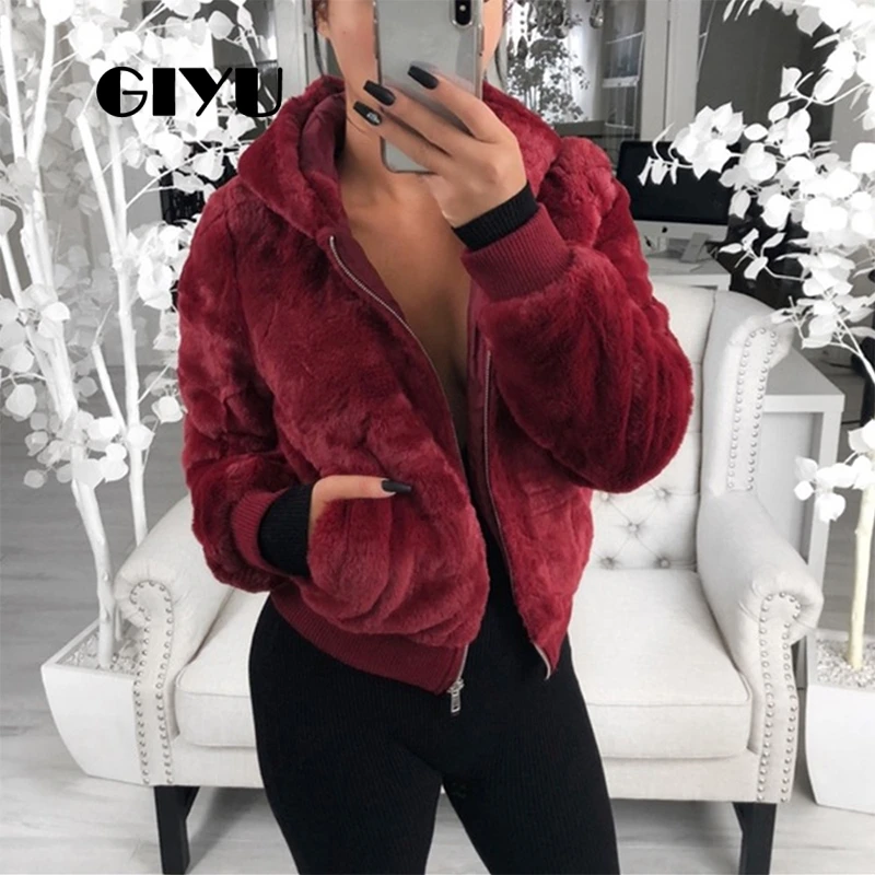 

GIYU 3XL Big Size Winter Teddy Fur Coat Hooded Women Faux Fur Coat Casual Zipper manteau fourrure femme